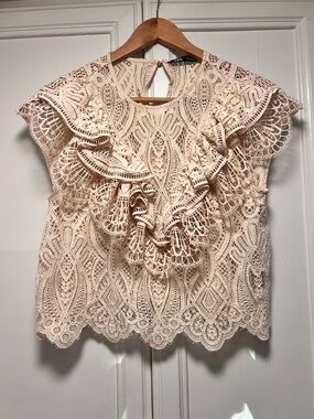 Zara Ruffled Lace Cream Ivory Cap Short Sleeve Romantic Maximalist Size Small